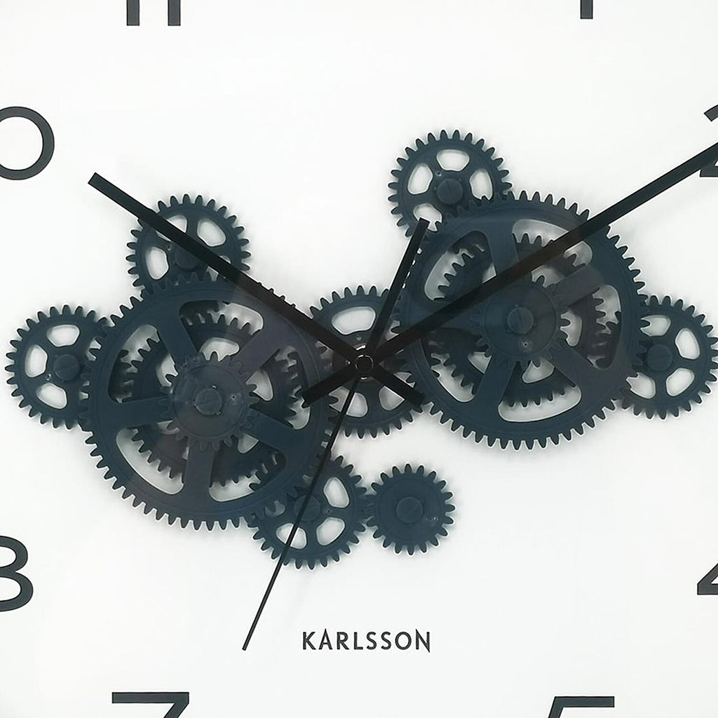 Present Time Open Gear Wall Clock - Ochre Yellow Rim with Dark Blue Gear Design