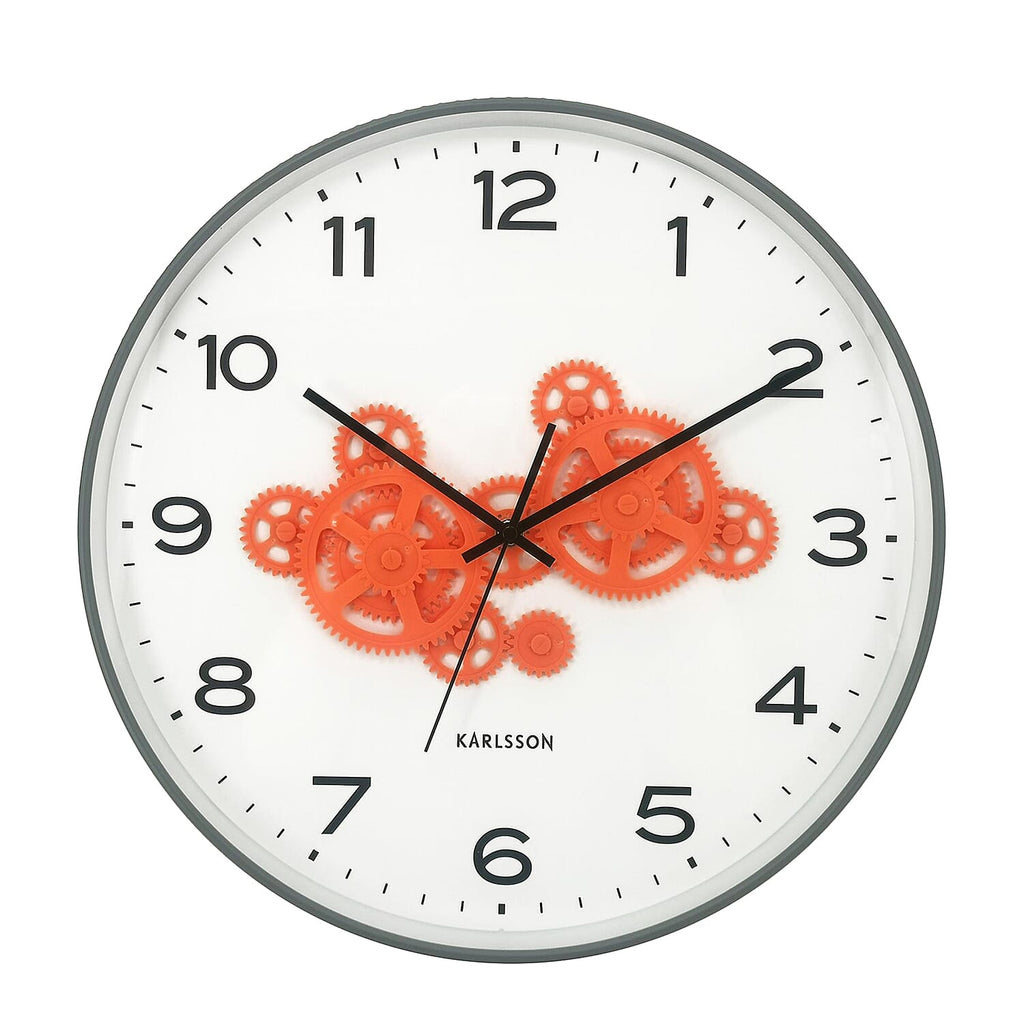 Present Time Open Gear Wall Clock - Mouse Grey Rim with Bright Orange Gear Design