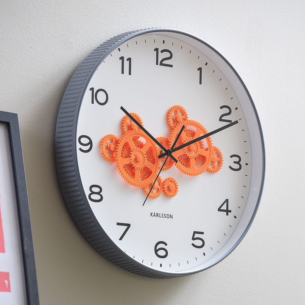 Present Time Open Gear Wall Clock - Mouse Grey Rim with Bright Orange Gear Design