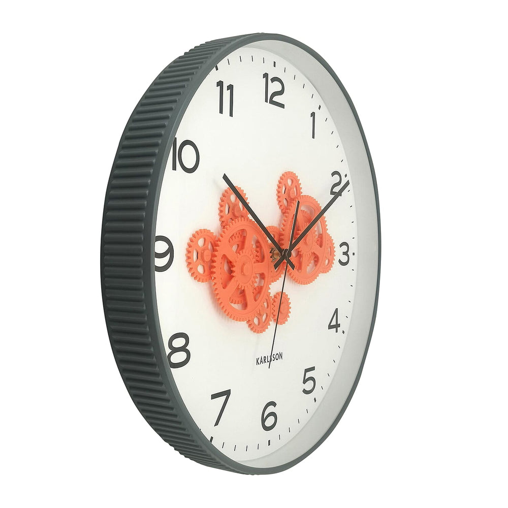 Present Time Open Gear Wall Clock - Mouse Grey Rim with Bright Orange Gear Design