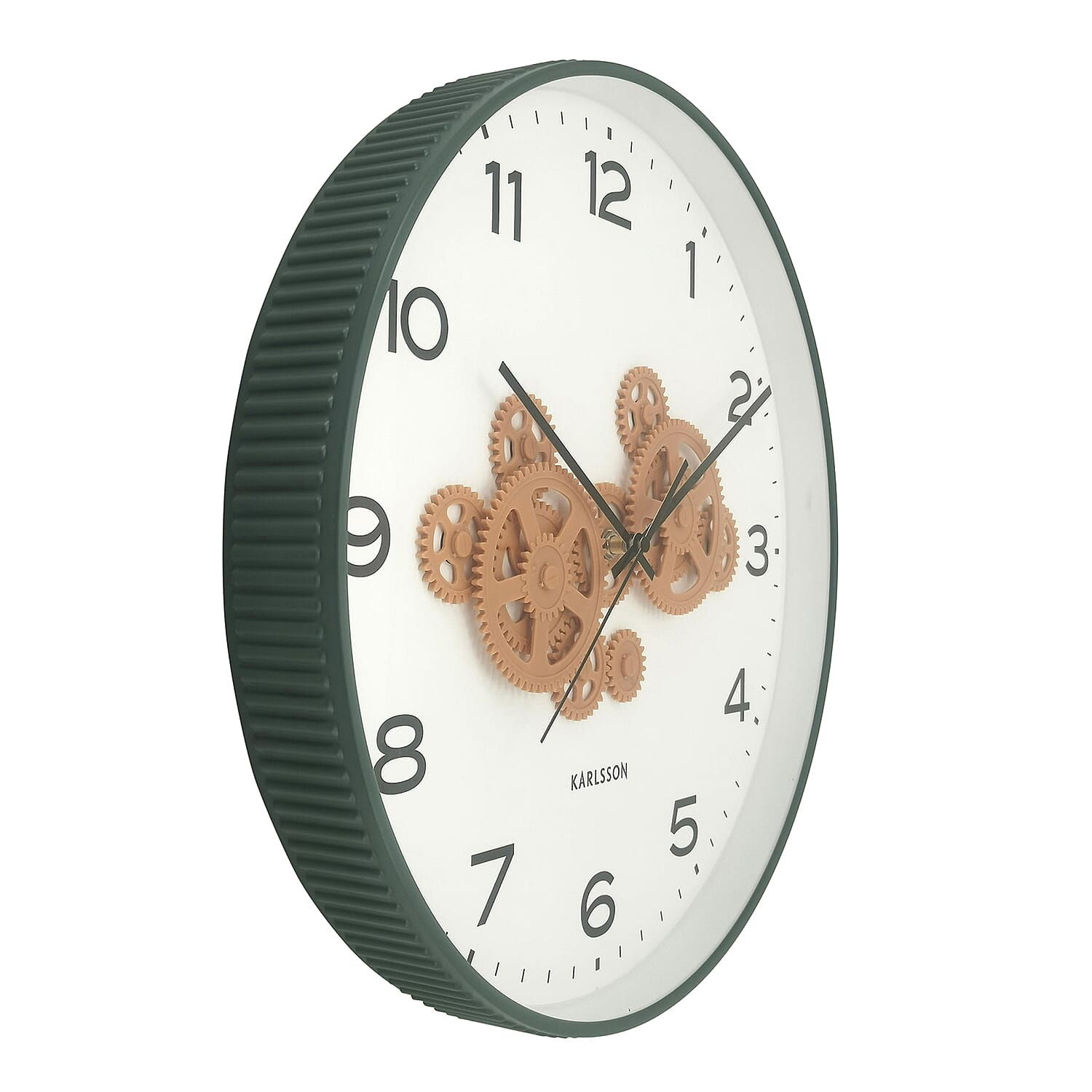 Present Time Open Gear Wall Clock - Jungle Green Rim with Ochre Yellow Gear Design