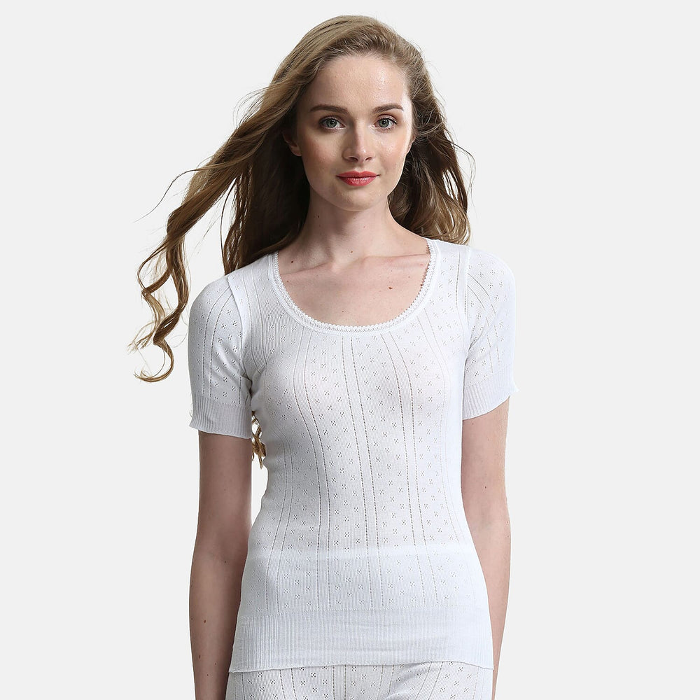 White Swans Ladies 100% Cotton Classic Pointelle Knit Short Sleeve Top (Size L)