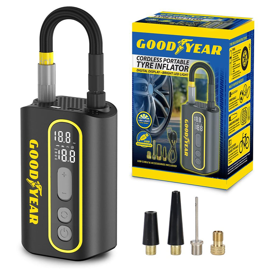 Goodyear Cordless Portable Digital Tyre Inflator - 50W USB Rechargeable Air Pump with LED Light - Black