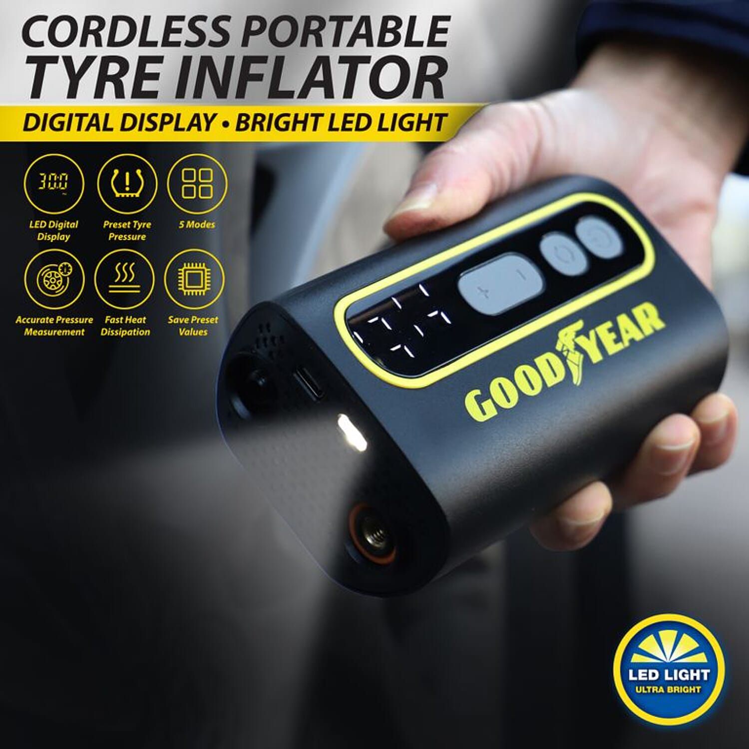Goodyear Cordless Portable Digital Tyre Inflator - 50W USB Rechargeable Air Pump with LED Light - Black