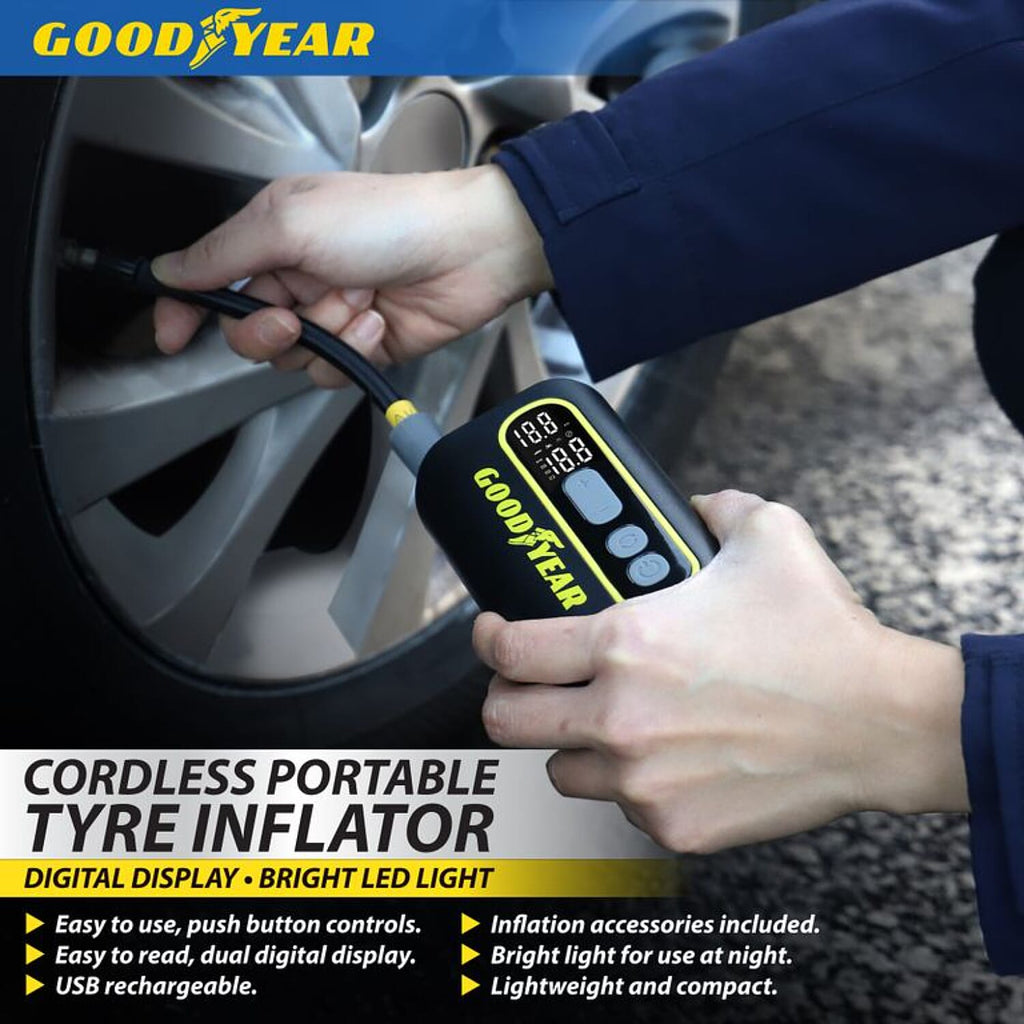 Goodyear Cordless Portable Digital Tyre Inflator - 50W USB Rechargeable Air Pump with LED Light - Black