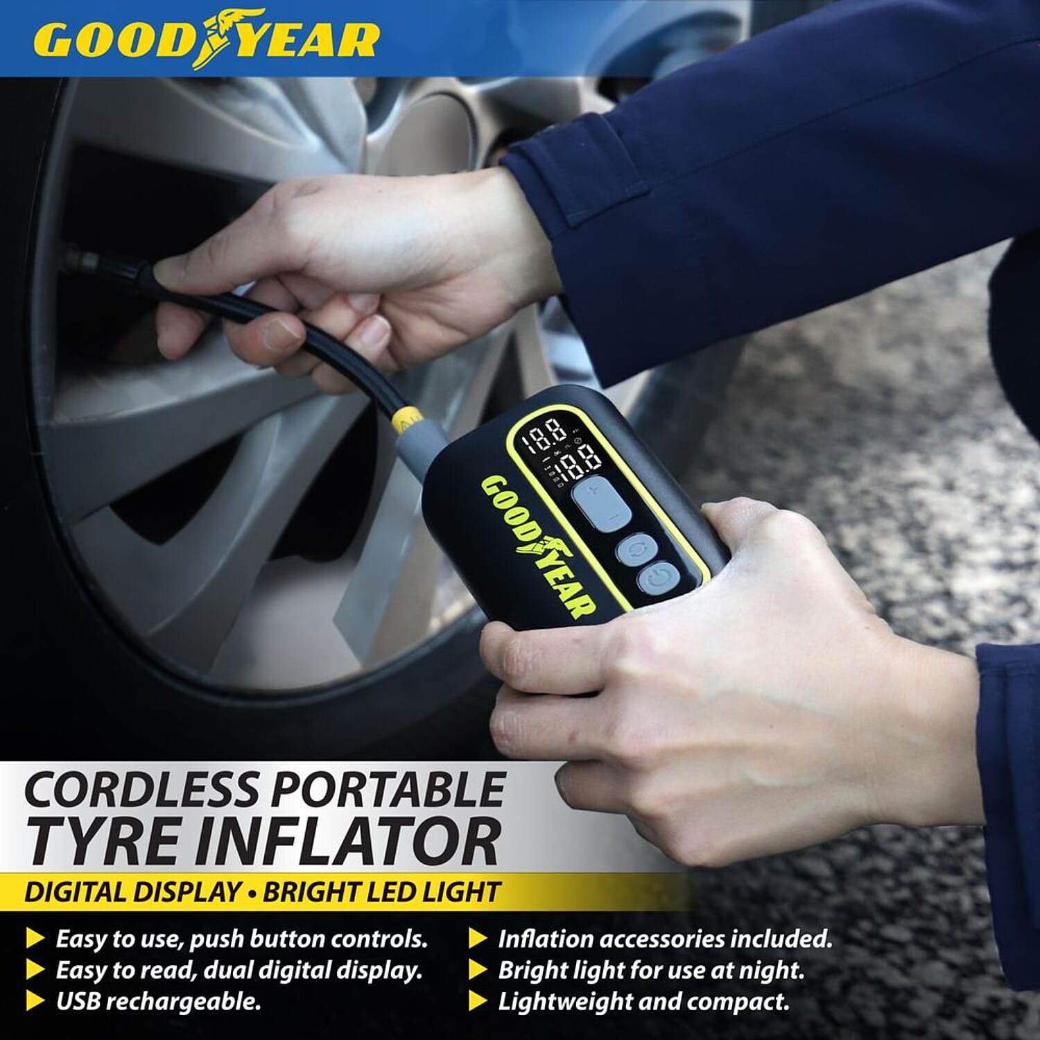 Goodyear Cordless Portable Digital Tyre Inflator - 50W USB Rechargeable Air Pump with LED Light - Black