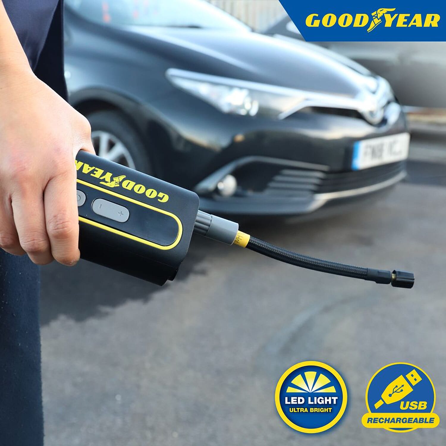 Goodyear Cordless Portable Digital Tyre Inflator - 50W USB Rechargeable Air Pump with LED Light - Black
