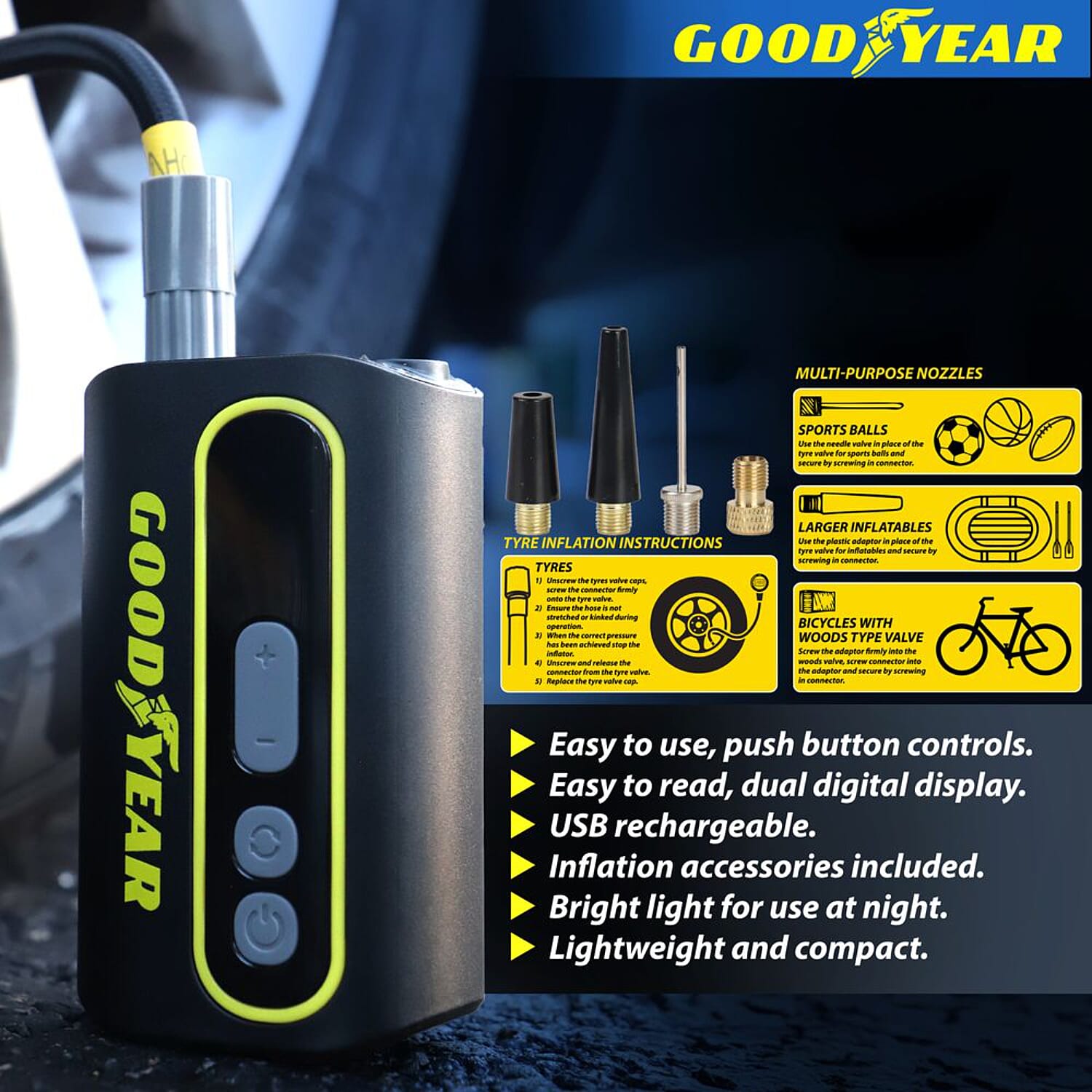 Goodyear Cordless Portable Digital Tyre Inflator - 50W USB Rechargeable Air Pump with LED Light - Black