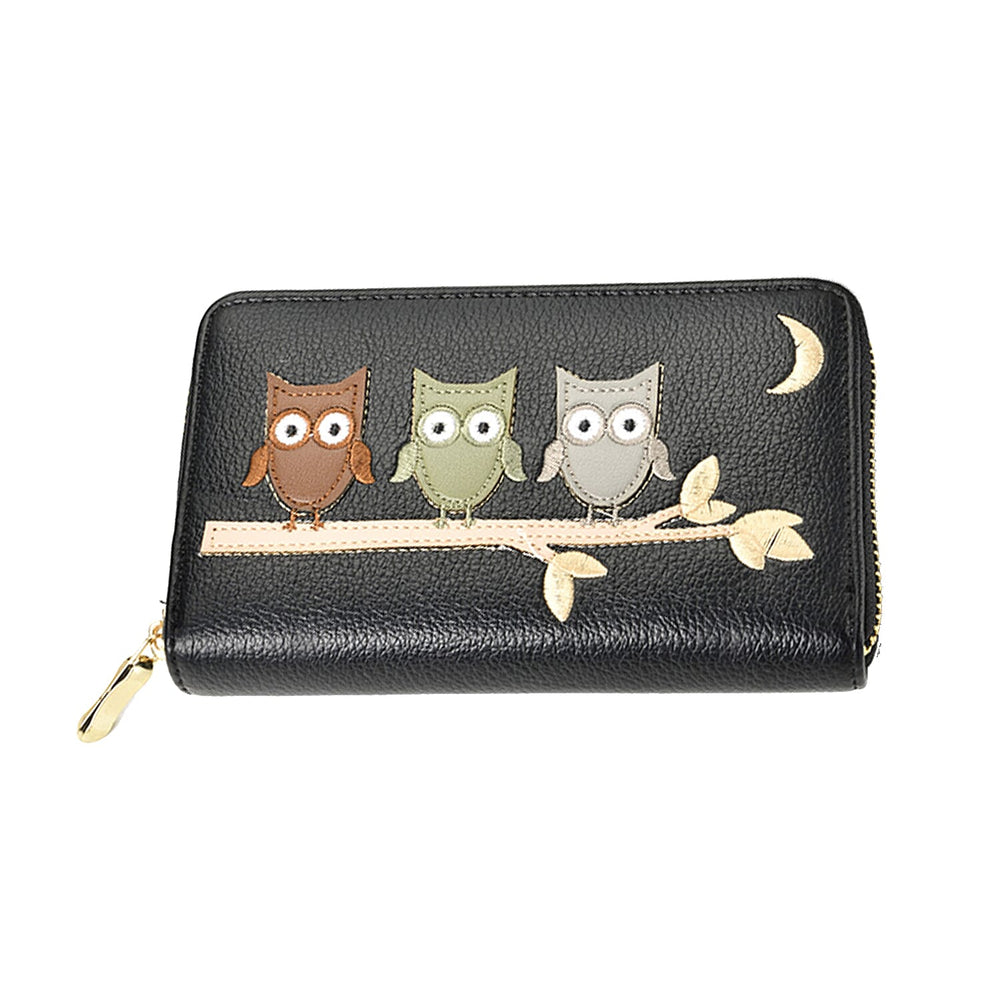 Owl Embossed Faux Leather Wallet - Black