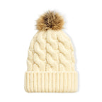 Chunky Cable Knit Beanie Hat with Faux Fur Pom-Pom - Ivory