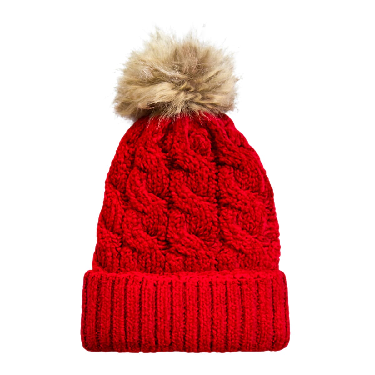 Cozy Pom Pom Beanie Hat with Tan Fur - Red