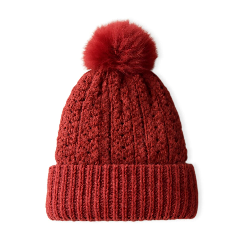 Chunky Cable Knit Beanie Hat with Faux Fur Pom-Pom - Red