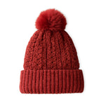 Chunky Cable Knit Beanie Hat with Faux Fur Pom-Pom - Red