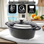 Sunnex Oval Cast Iron Casserole Pan with Lid (3.5L) - Black