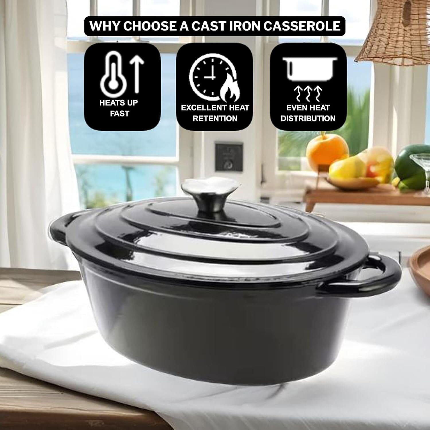 Sunnex Oval Cast Iron Casserole Pan with Lid (3.5L) - Black