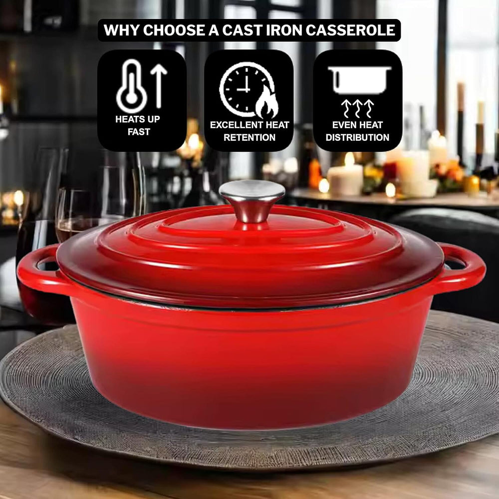 Sunnex 3.5L Oval Cast Iron Casserole Pan with Lid - Red