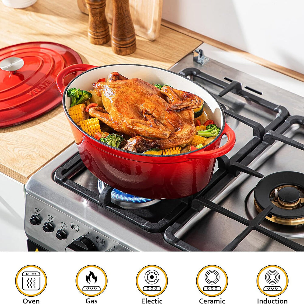 Sunnex 3.5L Oval Cast Iron Casserole Pan with Lid - Red