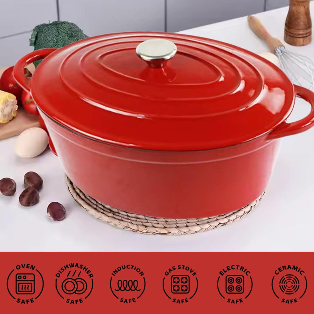 Sunnex 3.5L Oval Cast Iron Casserole Pan with Lid - Red