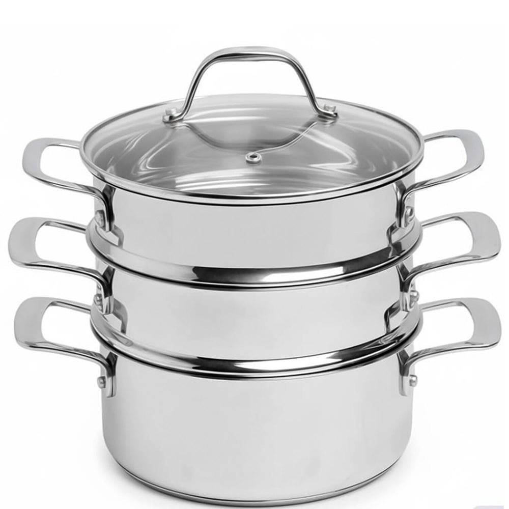THE COMPLETE KITCHEN IN THE BOX - 3 Tier Stainless Steel Steamer with Glass Lids Multifunctional Hot Pot, Frying, Stewing - Stir-Fry