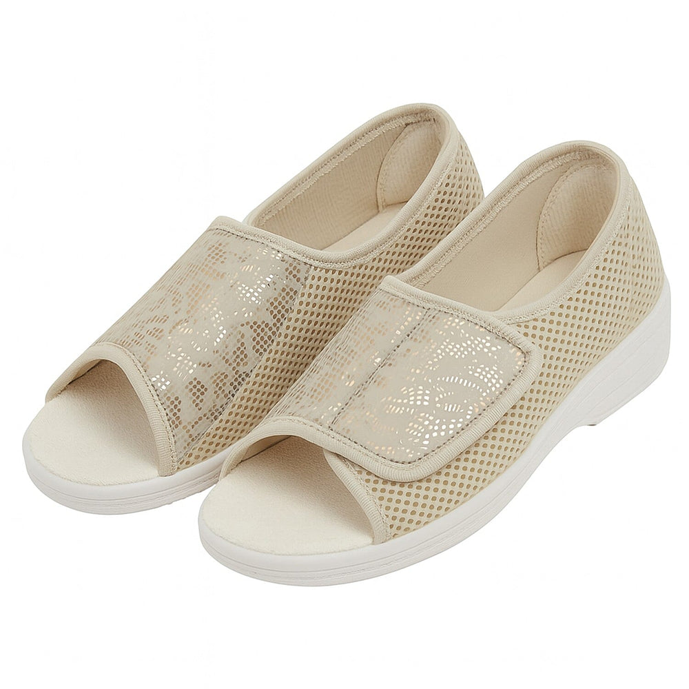 ITALIAN MADE - Ladies Open-Toe Adjustable Hook - Loop Comfort Flat Sandals (Size 3) - Gold