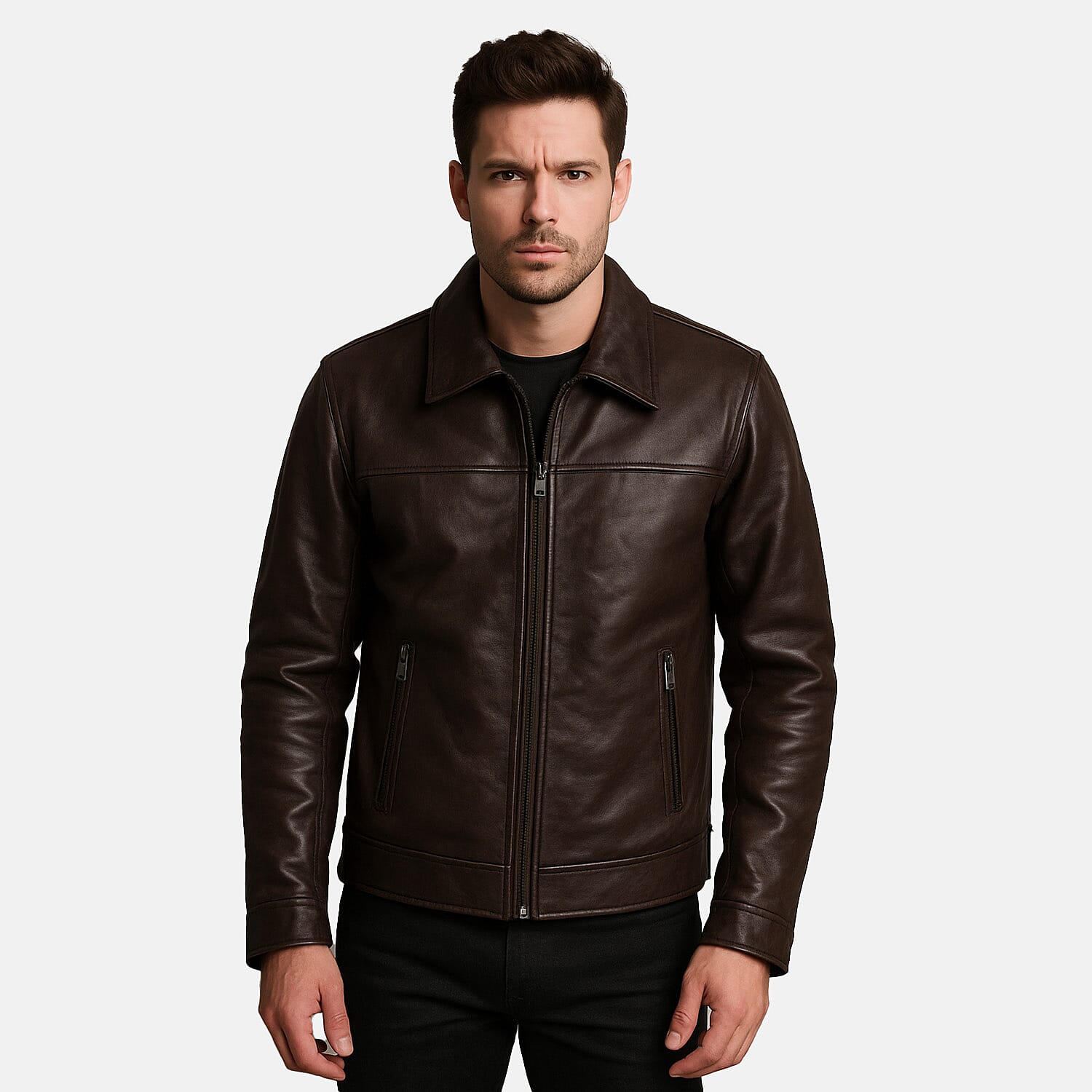 Valliserie Renwick Collar Leather Jacket With Zip Detail (Size S) - Dark Brown