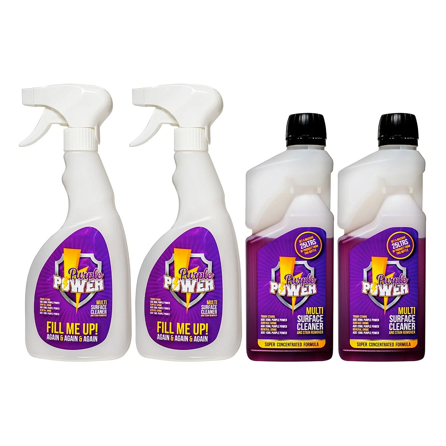 Purple Power Cleaning Solution Collection - inc. Concentrate Solution - Pre Labelled Trigger Bottles - 4x500ml