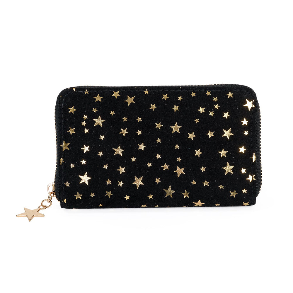 Coastal Gold Star Foil Print Zip-Around Wallet - Black