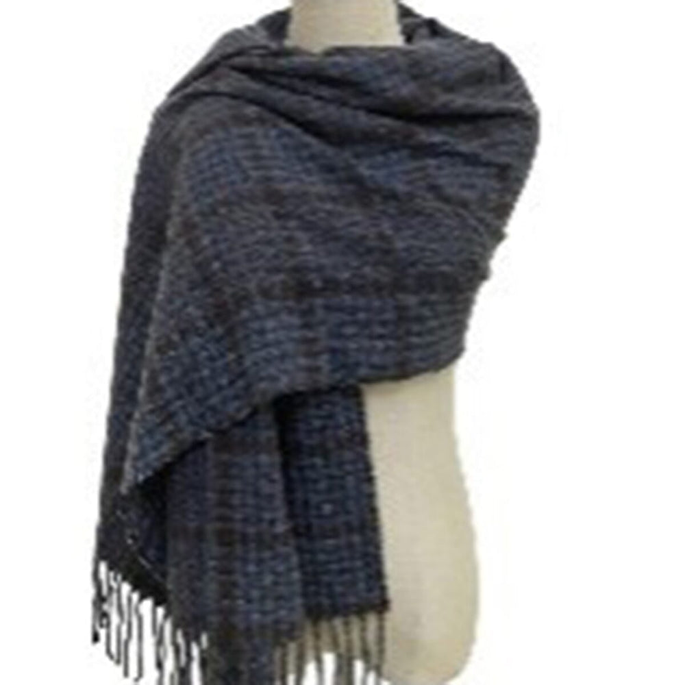 Woven Textured Check Blanket Tassel Scarf (190 x 60cm) - Blue