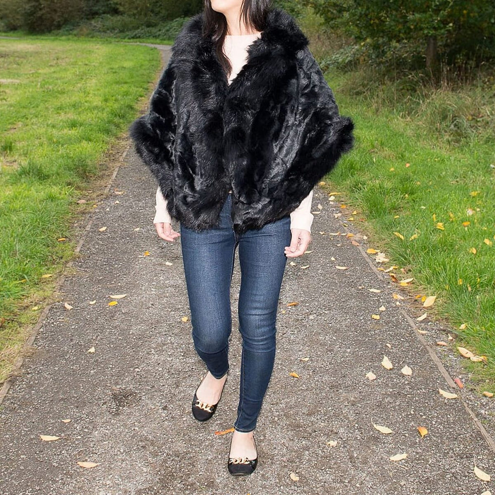 Supersoft Faux Fur Cape Shawl Wrap (170 x 50 Cm) - Black