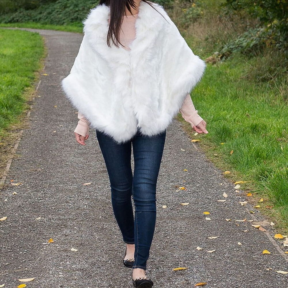 Faux Fur Cape Shawl Wrap (170 x 50 Cm) - White