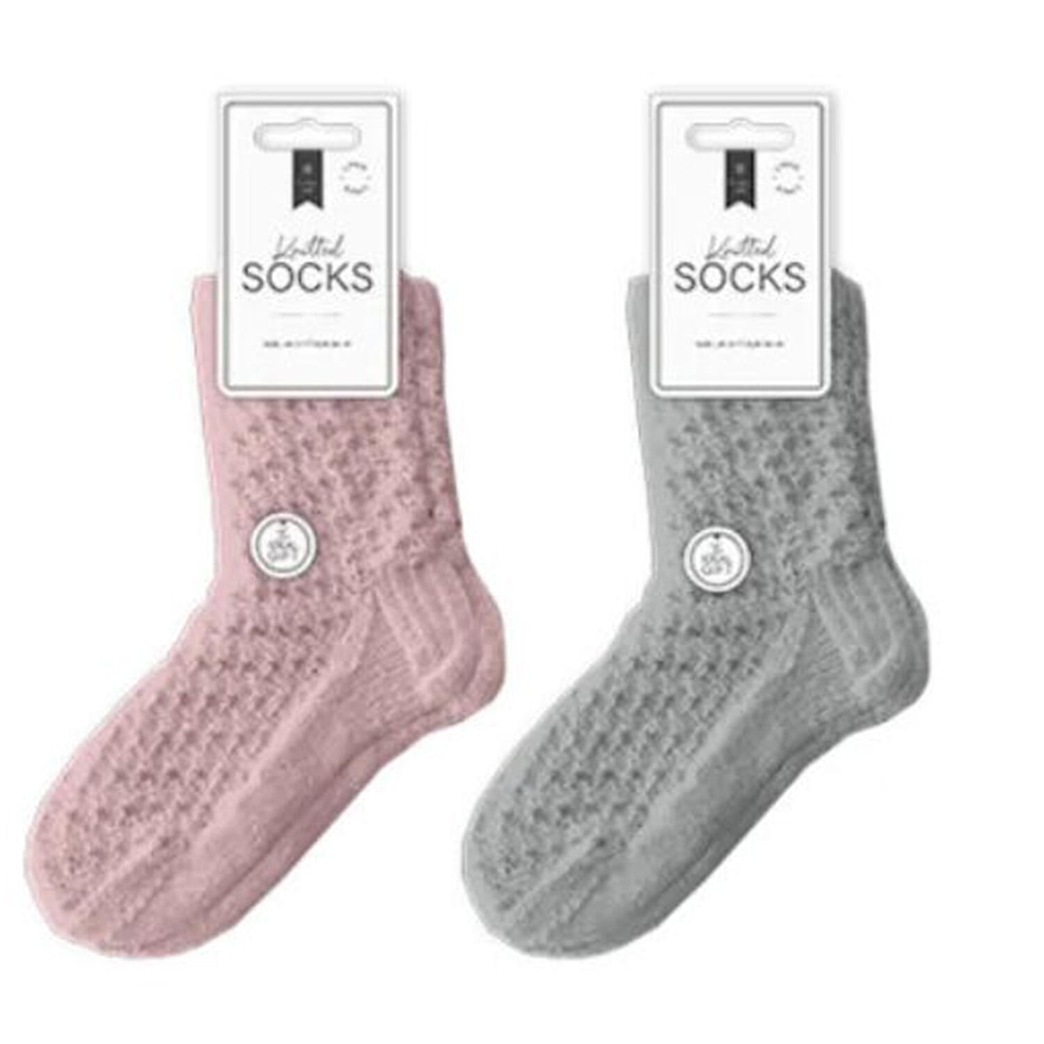 Two Packs of Two Ladies Textured Supersoft Knitted Socks (Size UK 3-7) - Grey - Pink