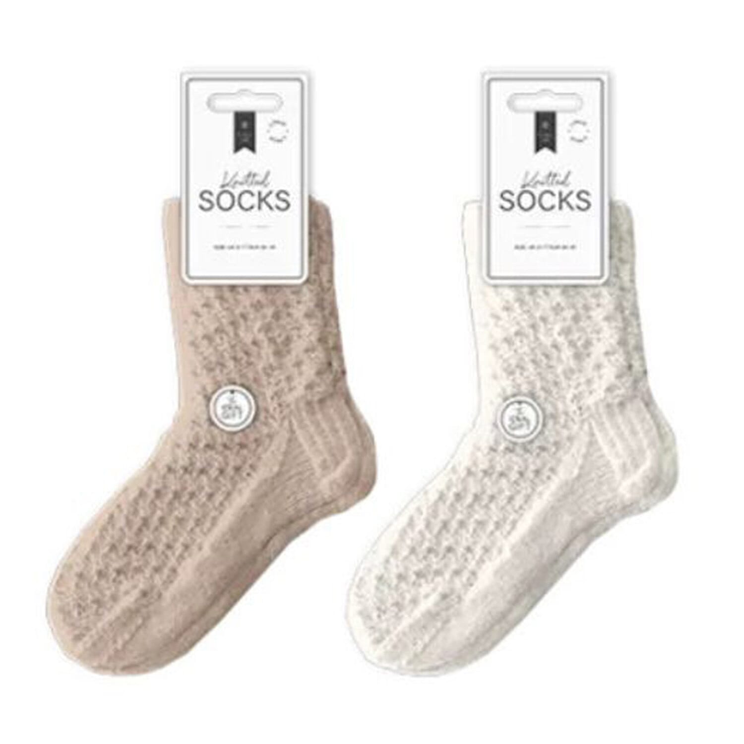Two Packs of Two Ladies Textured Supersoft Knitted Socks (Size UK 3-7) - Brown - White