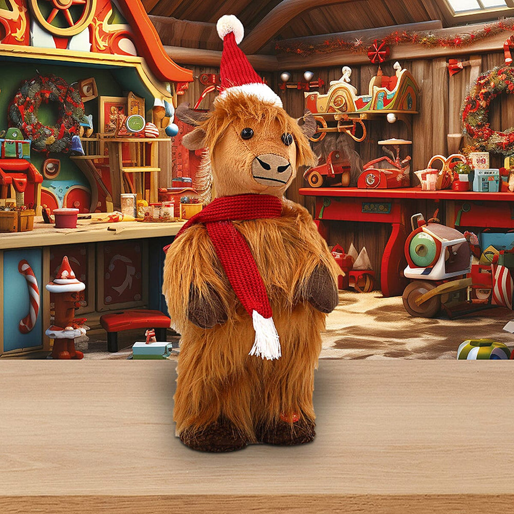 Highland Standing Cow Dancing Figurine with Red Scarf - Hat - Brown