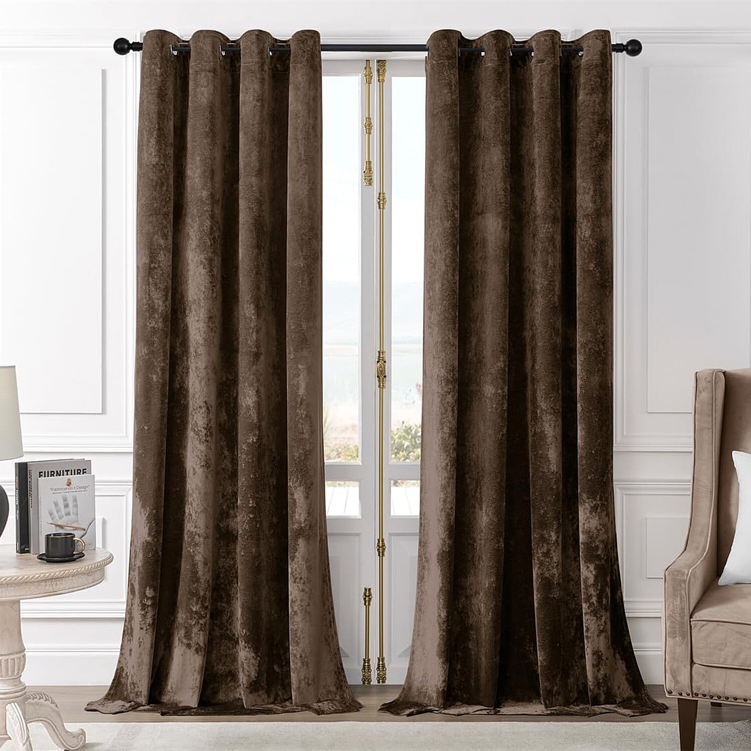 THE PREMIUM CLOSEOUT - Crushed Velvet Eyelet Header Lined  Curtains (229x168 cm) - Chocolate