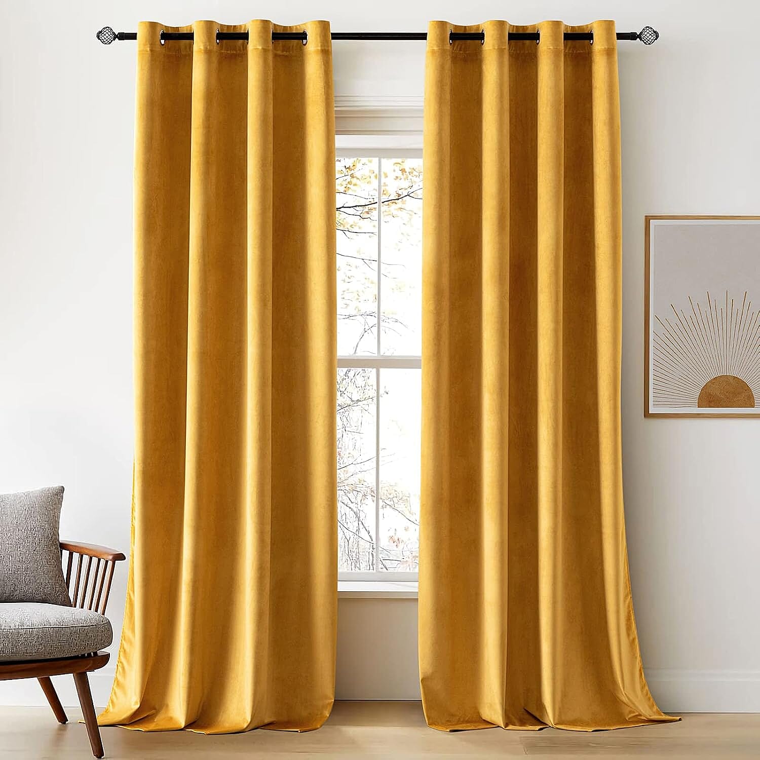 Crushed Velvet Eyelet Header Lined Curtains (229x168 cm) - Dark Gold