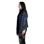 Ikat Pattern Faux Fur Shawl with Fringe (Size 175x65cm) - Dark Blue