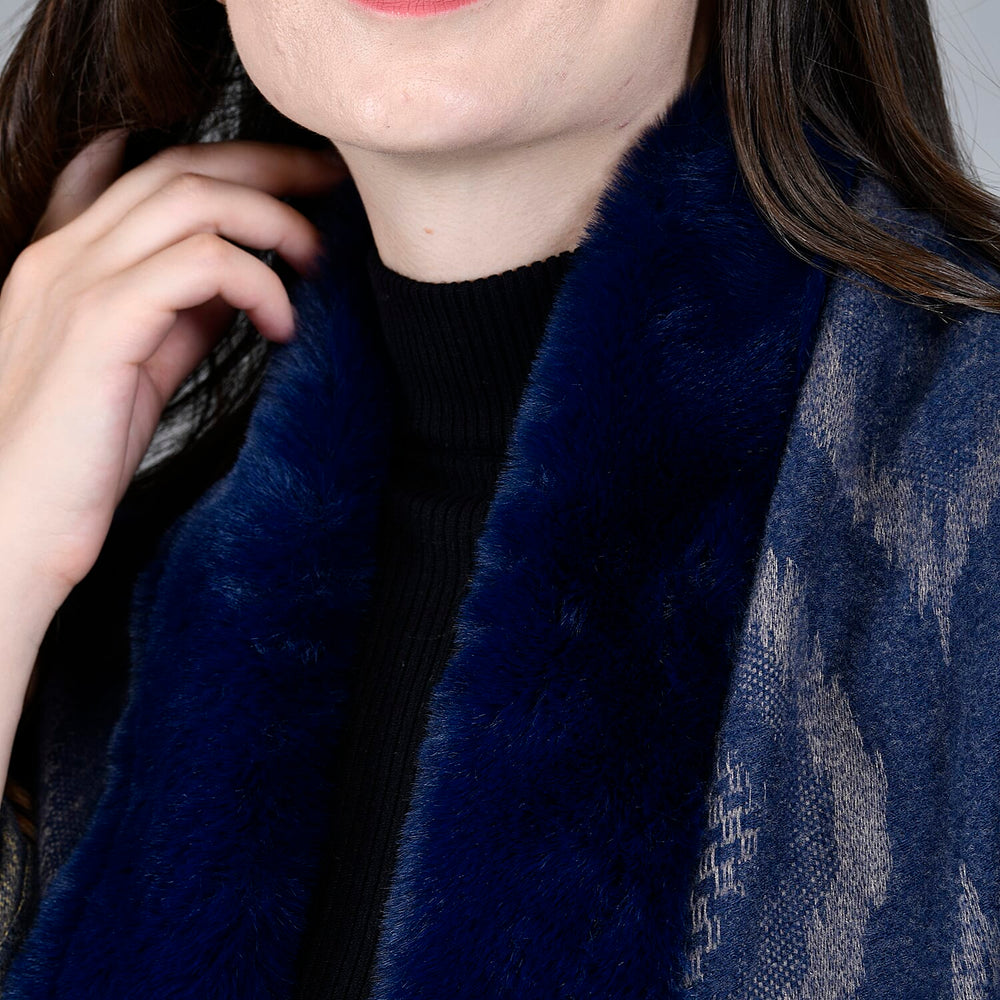 Ikat Pattern Faux Fur Shawl with Fringe (Size 175x65cm) - Dark Blue