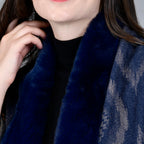 Ikat Pattern Faux Fur Shawl with Fringe (Size 175x65cm) - Dark Blue