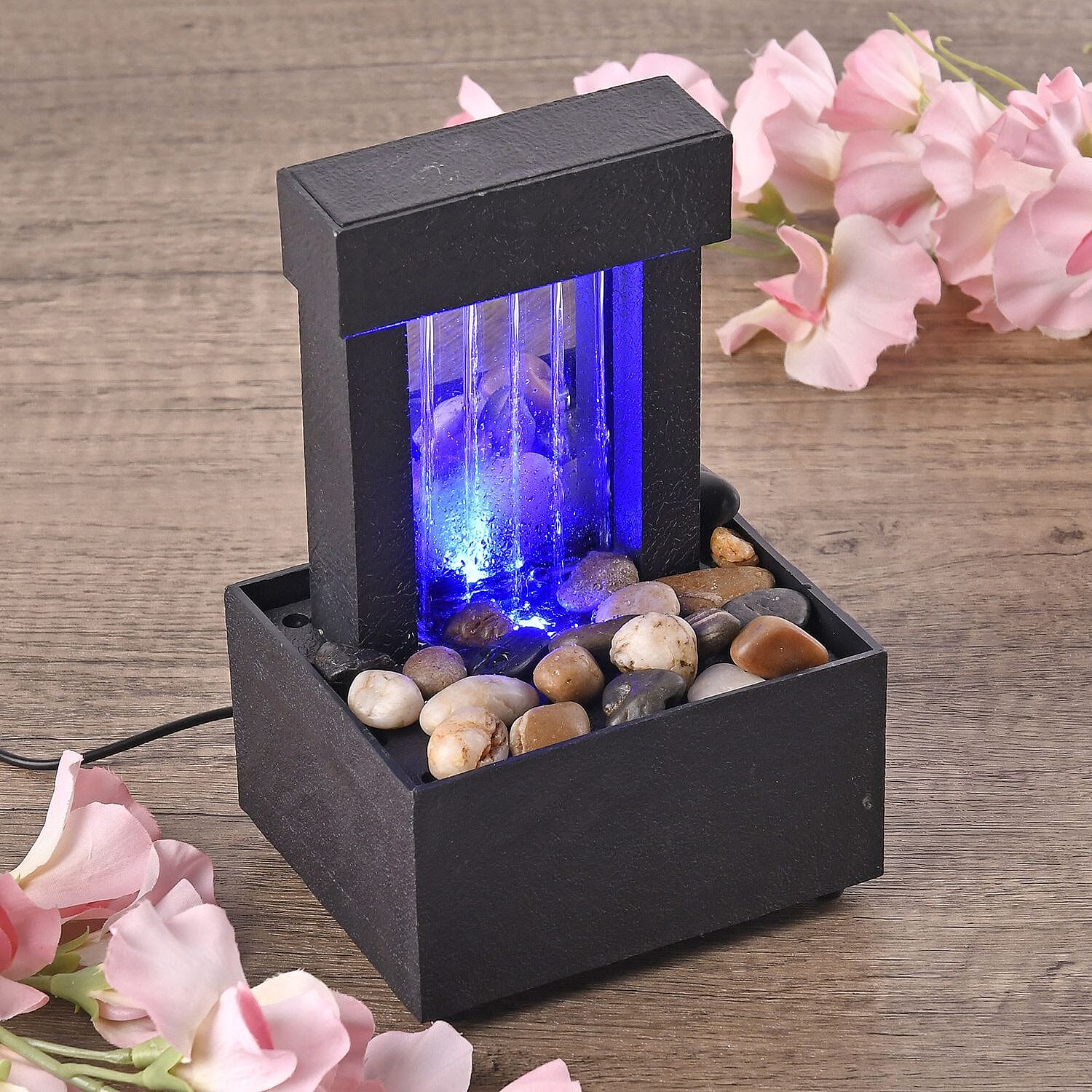 Mini Waterfall Fountain Decor with LED Light - USB Cable (Requires 2xAA Battery Not Inc.) - Black