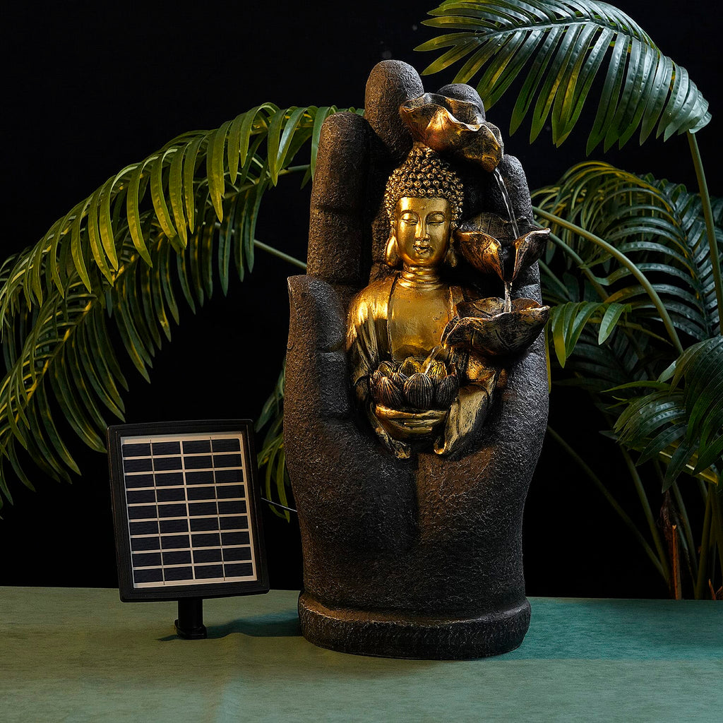 Solar Buddha with Lotus Flower Fountain & LED Light  - Grey