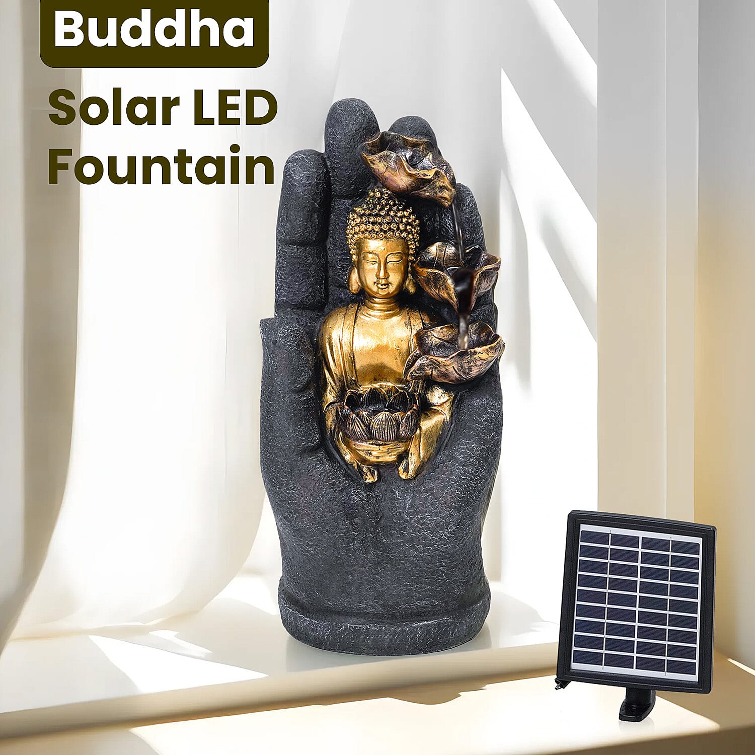 Solar Buddha with Lotus Flower Fountain & LED Light  - Grey