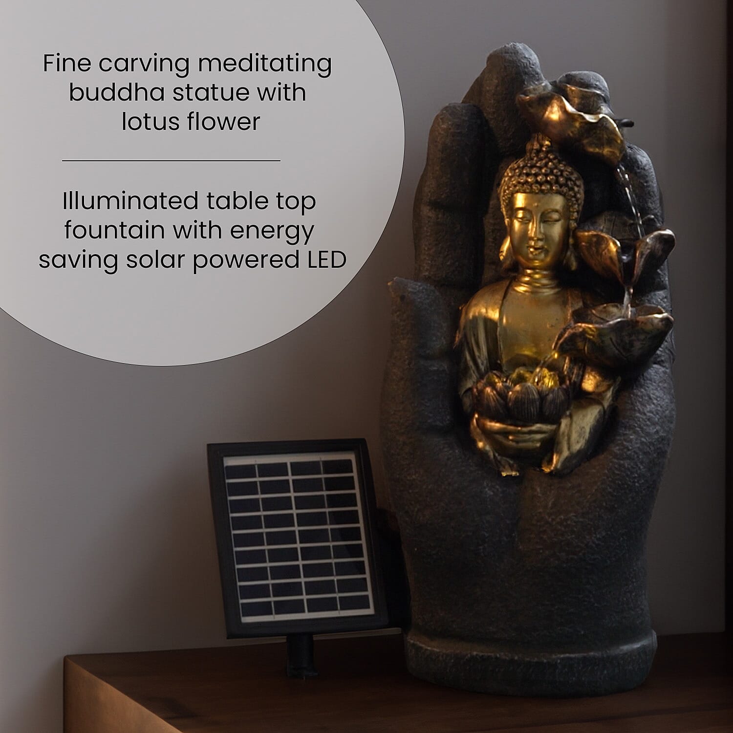 Solar Buddha with Lotus Flower Fountain & LED Light  - Grey