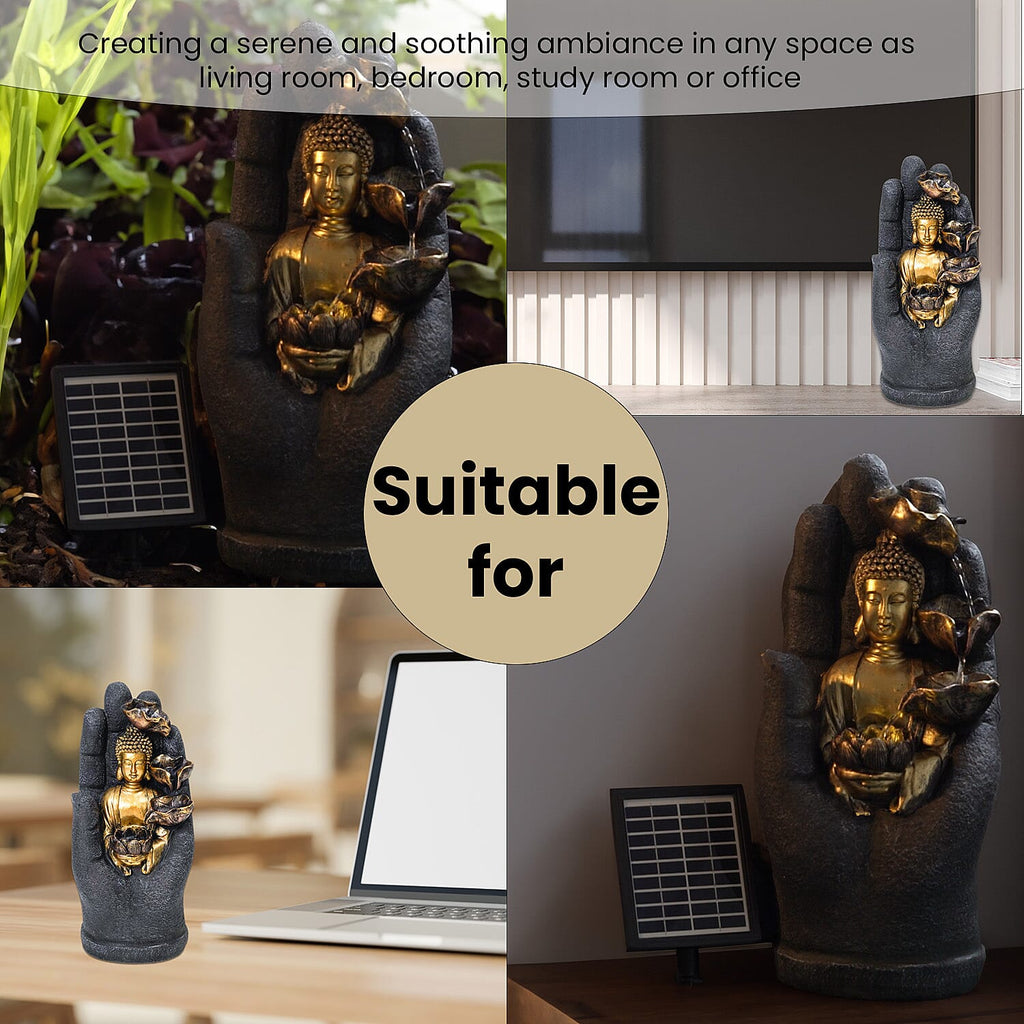 Solar Buddha with Lotus Flower Fountain & LED Light  - Grey