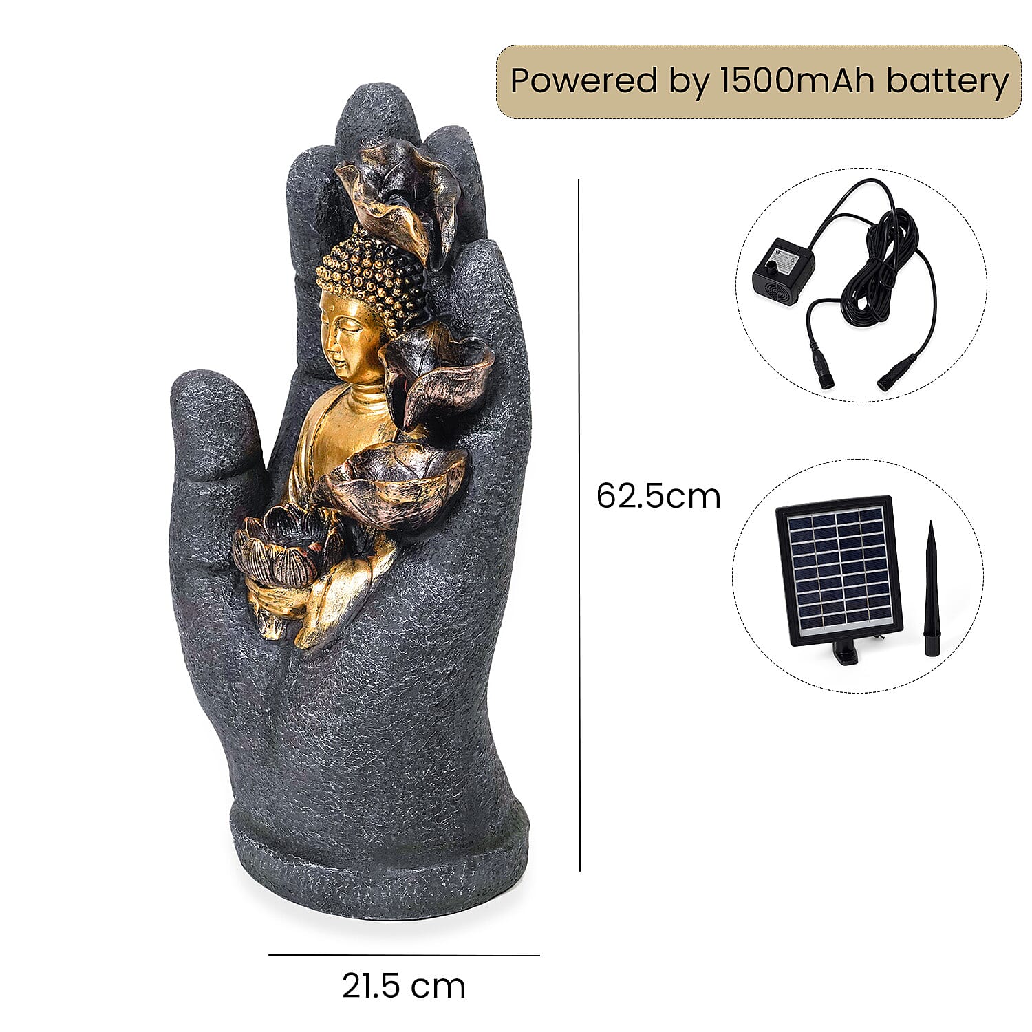 Solar Buddha with Lotus Flower Fountain & LED Light  - Grey