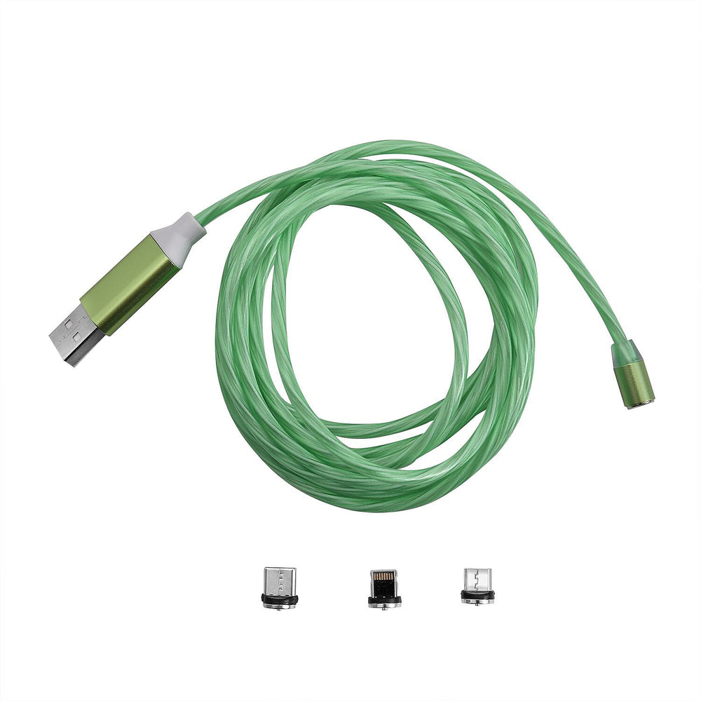 3 in 1 Magnetic Charging USB Cable with Flowing LED Light (Size 2x1 m) - Green