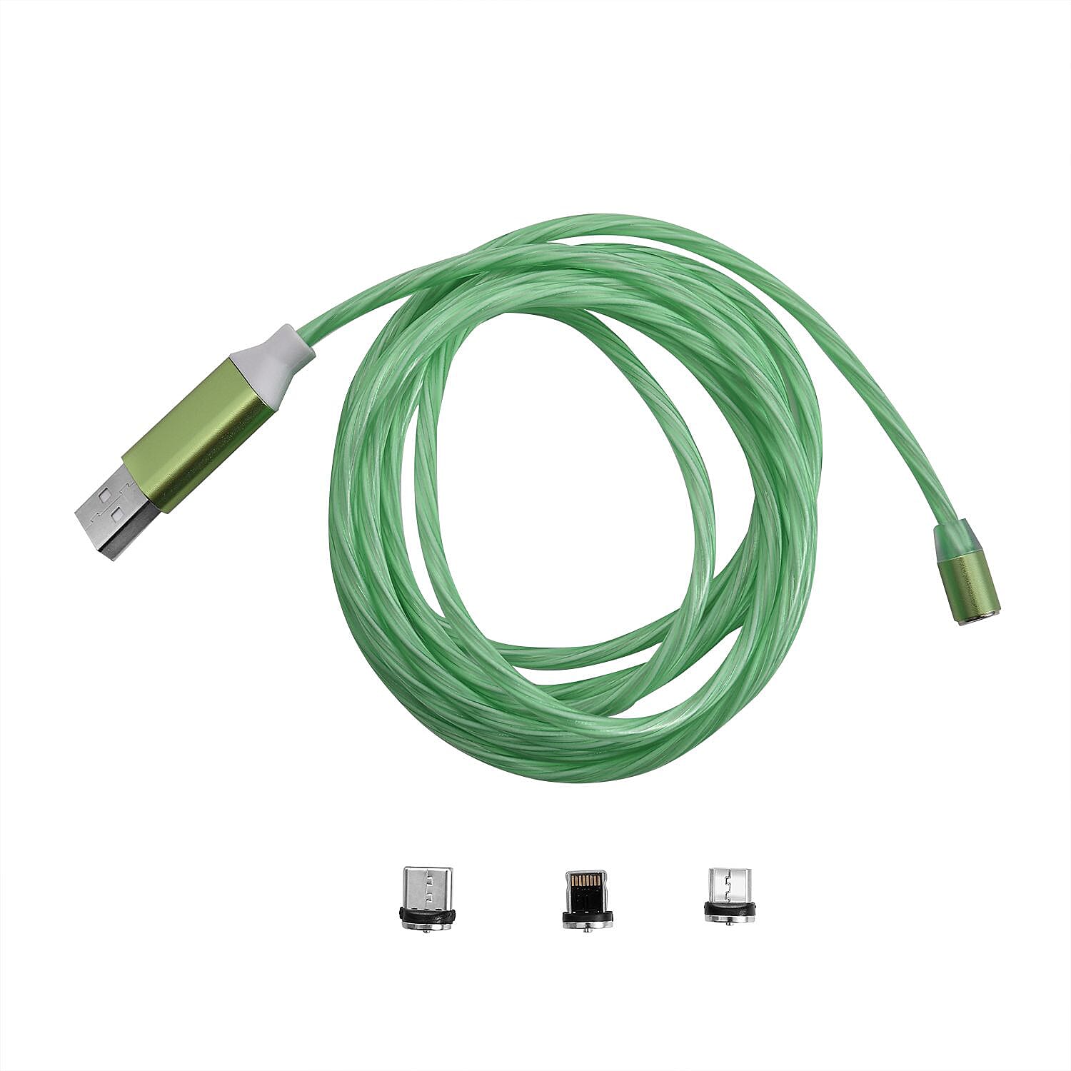 3 in 1 Magnetic Charging USB Cable with Flowing LED Light (Size 2x1 m) - Green
