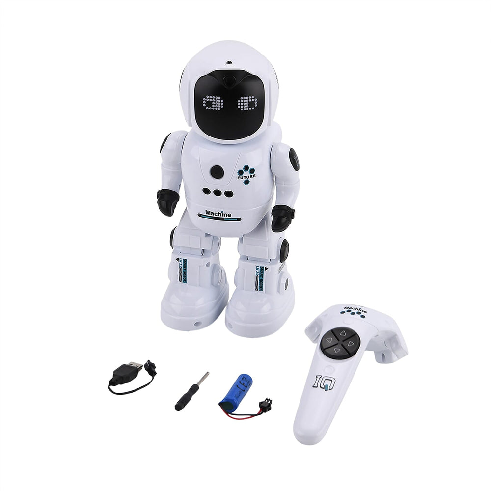 "Intelligent programming robot-white Size- 12*10.5*27.5cm            Material- ABS- electronic components                                         Weight- Battery capacity- 500mAh-3.7V packing- Window