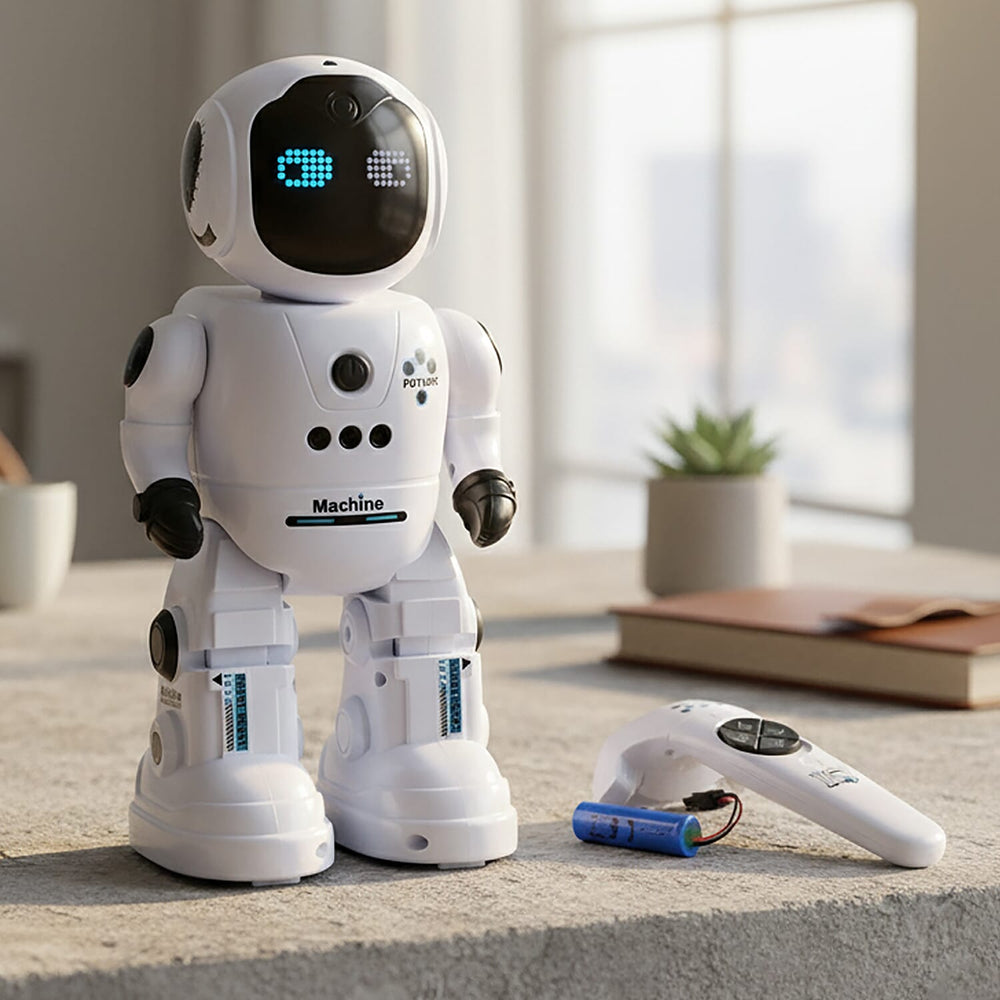 "Intelligent programming robot-white Size- 12*10.5*27.5cm            Material- ABS- electronic components                                         Weight- Battery capacity- 500mAh-3.7V packing- Window