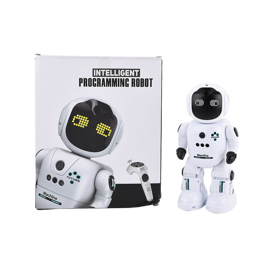 "Intelligent programming robot-white Size- 12*10.5*27.5cm            Material- ABS- electronic components                                         Weight- Battery capacity- 500mAh-3.7V packing- Window