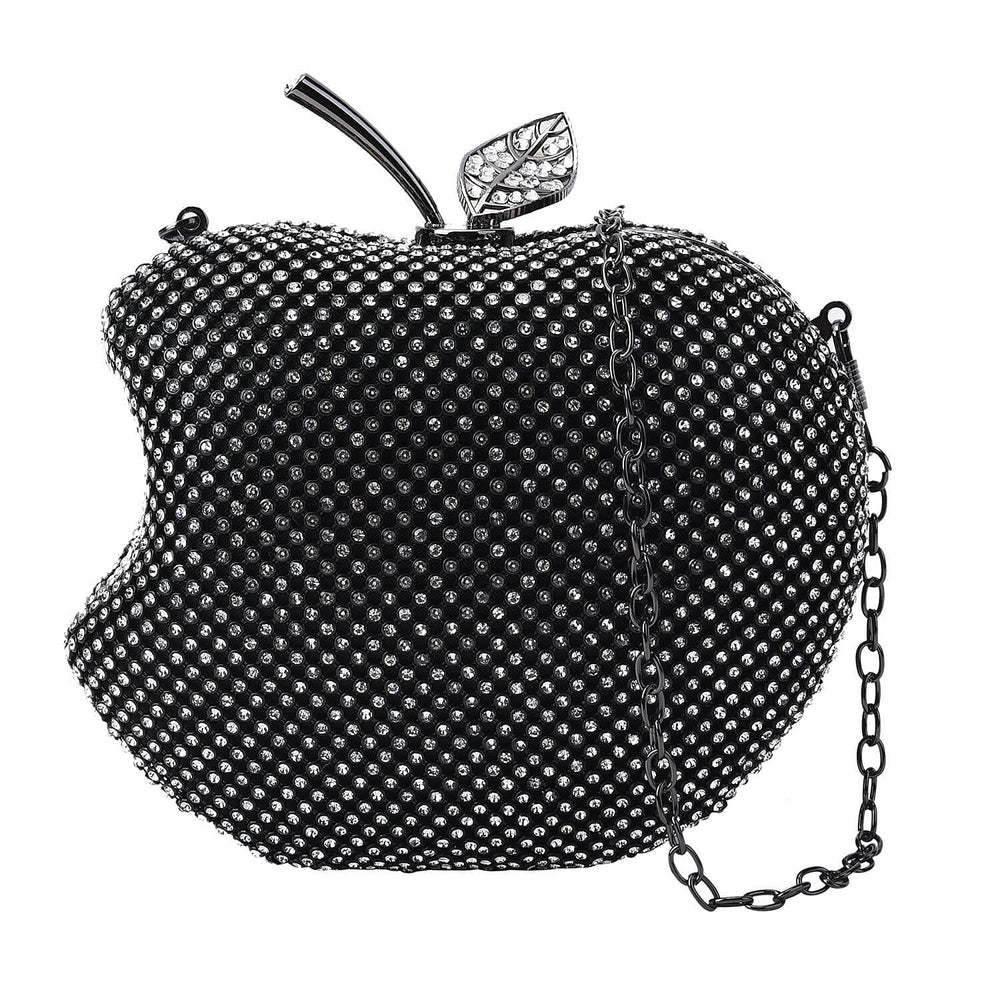 Back By Popular Demand - Apple Shape Crystal Clutch Bag with Long Chain Strap - Toggle Clip - Gun